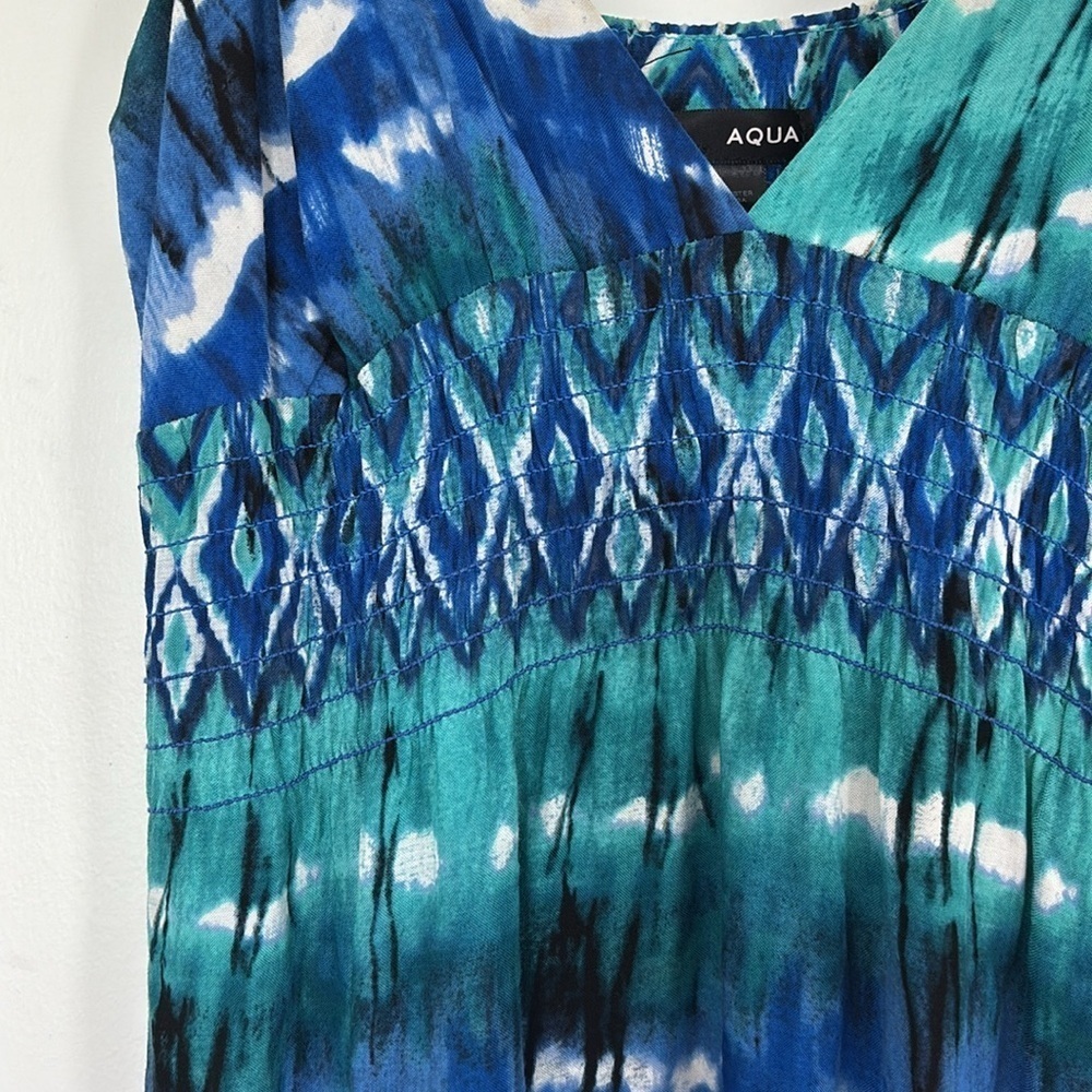 Aqua Tie Dye Colorful Tropical Spaghetti strap flowy vacation maxi dress smocked - Picture 2 of 8
